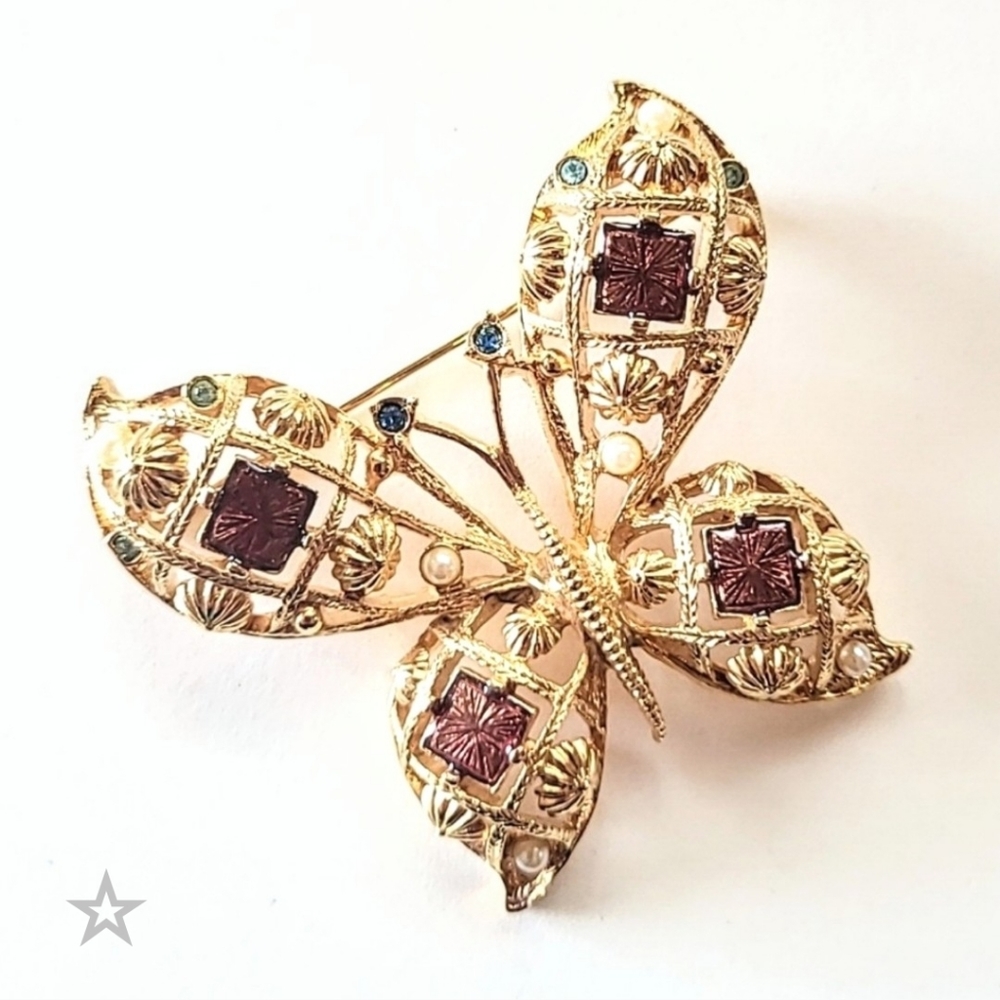 AVON BUTTERFLY PIN BROOCH - VINTAGE GOLDTONE ENAMEL RHINESTONES